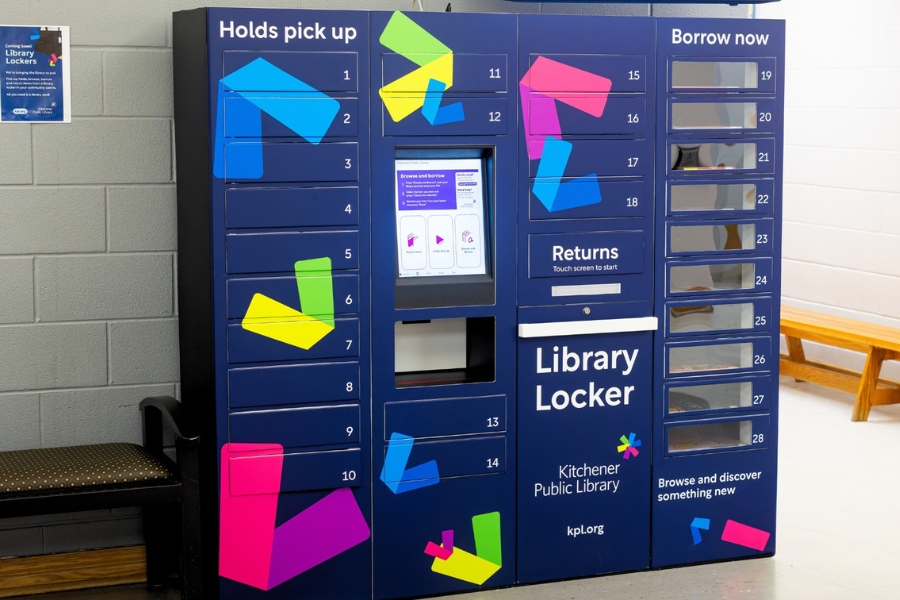 Library Locker at Kitchener Public Library with holds pickup, returns, and borrow features for community access.