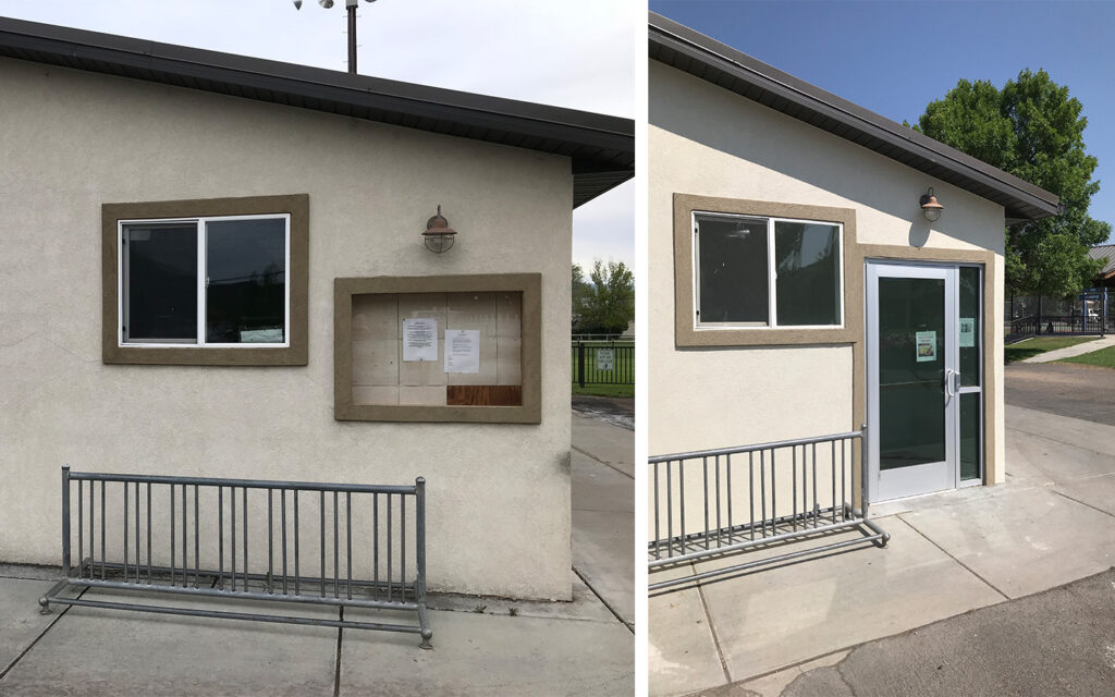 Exterior before and after of the Henefer remoteLocker facility, showing a plain wall with a bike rack and bulletin board in the before image and the same wall with added signage and a door in the after image.